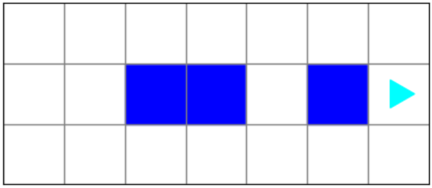 7 by 3 world with blue squares and bit on the right