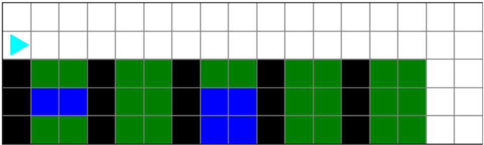 17 by 5 world with black columns and green and blue squares between the columns