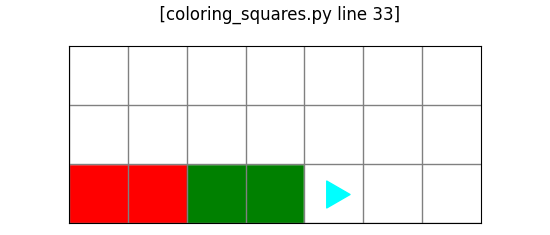 7 by 3 world with two red and two green squares in the bottom left