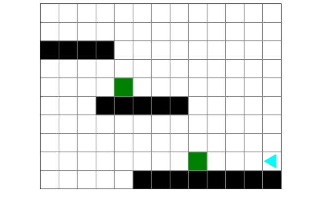 three platforms of black squares, with a single green square on the bottom two