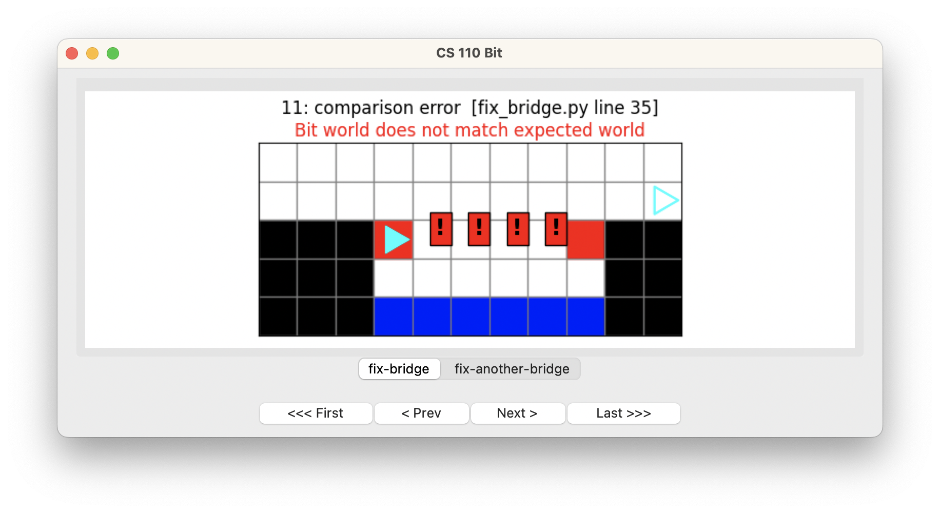 Bit has moved onto the bridge, the first red square