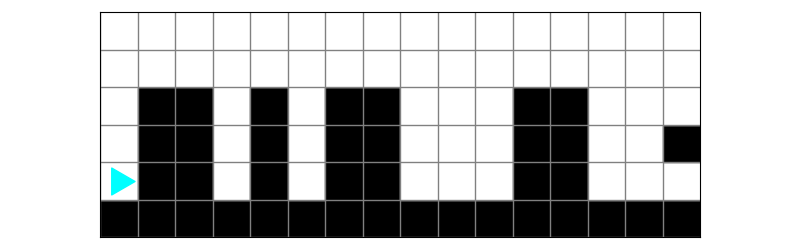 Bit has a surface of black to walk on, with some black rectangular hurdles in front