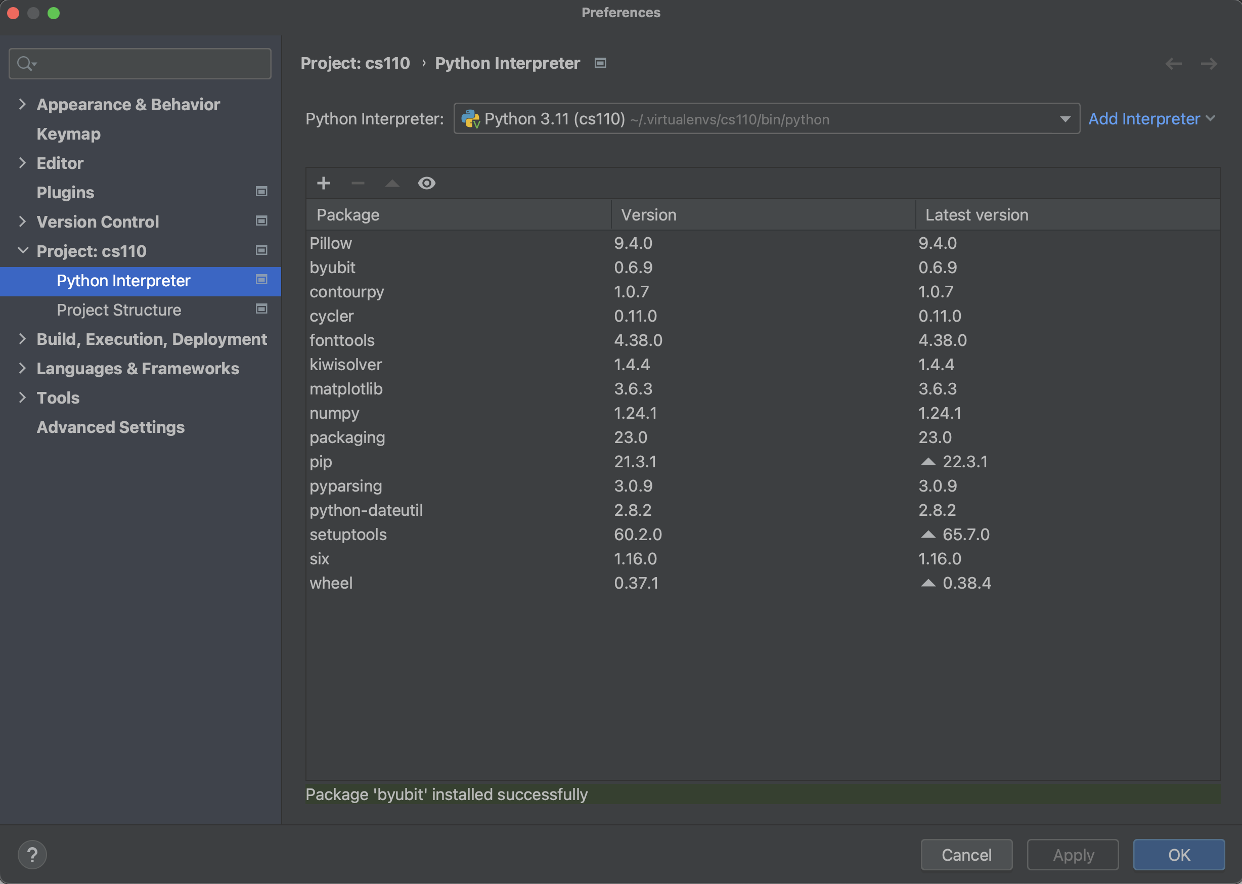 pycharm settings, list of packages installed