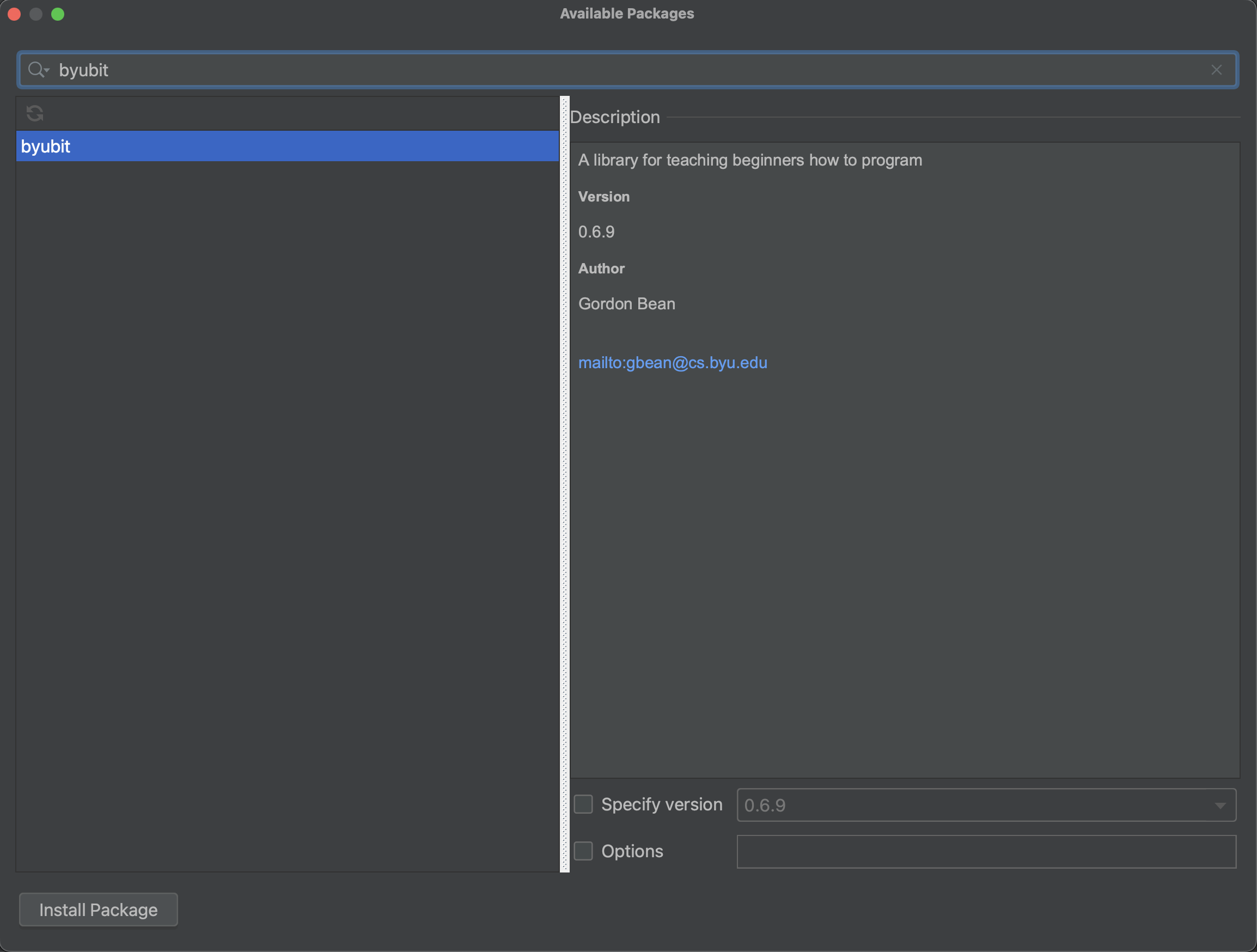 pycharm settings, installing byubit, install button in the bottom left corner