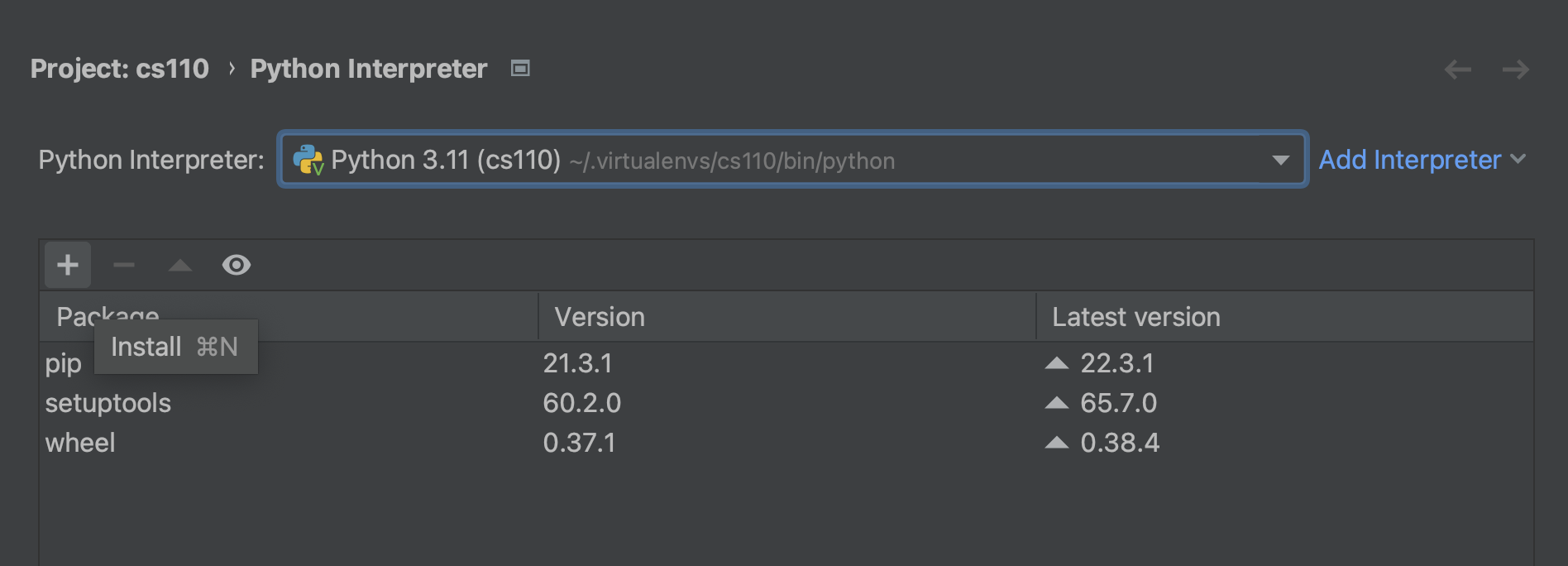 pycharm settings click install, the + sign