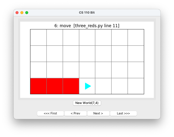 three red squares on the bottom left in a 7 by 4 world