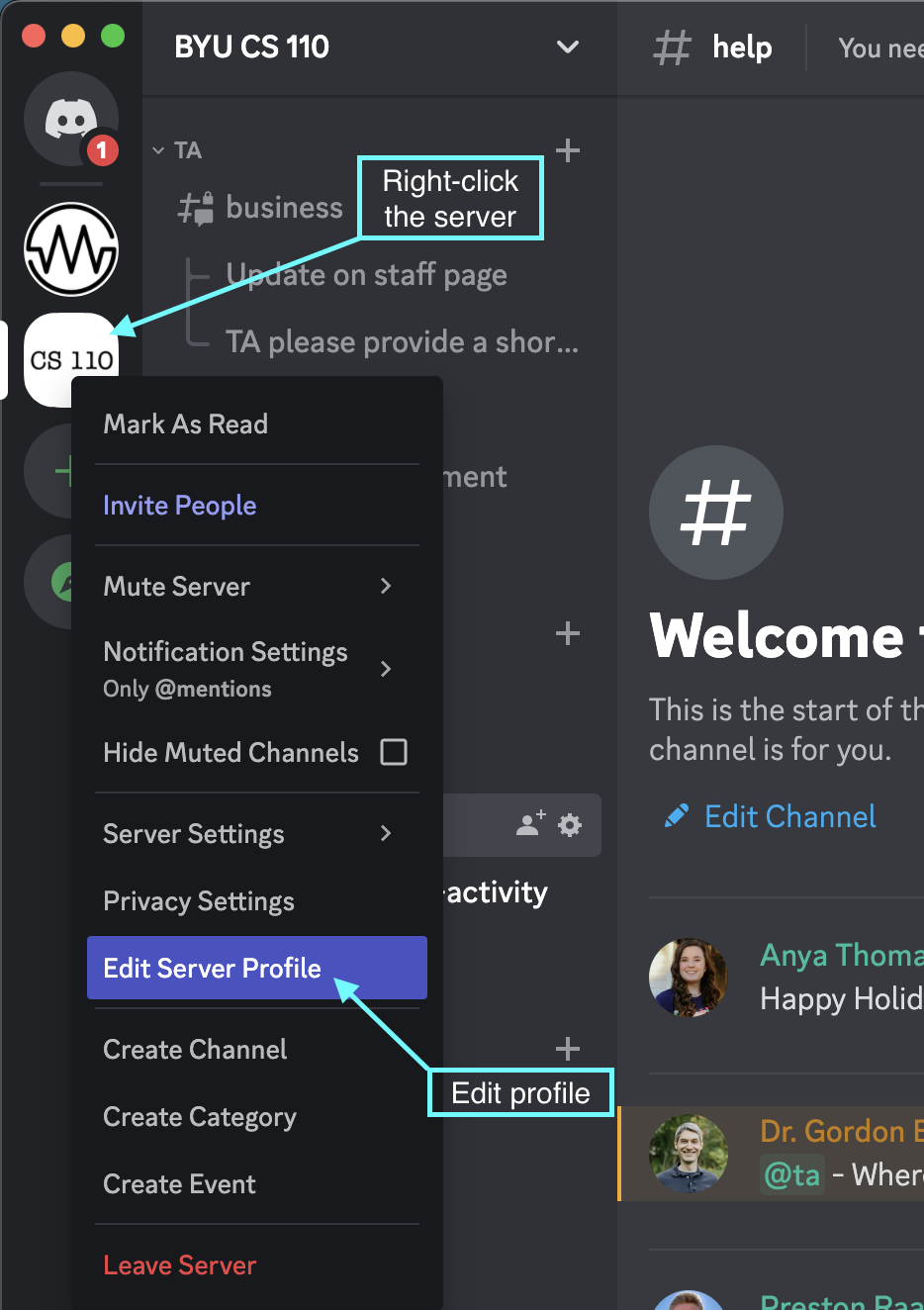 Right click the server icon, then click edit server profile