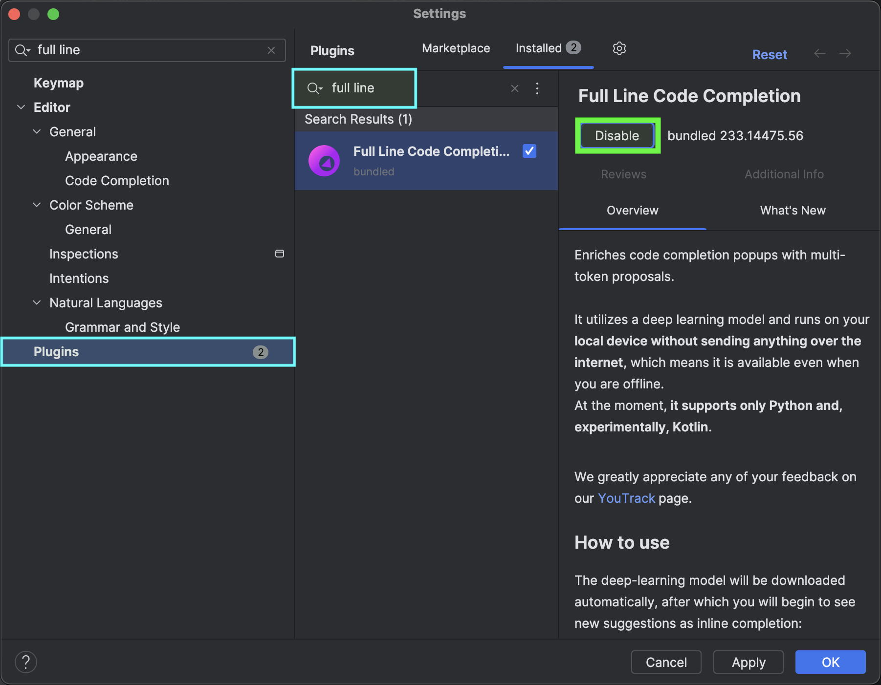 Disabling the plugin in pycharm