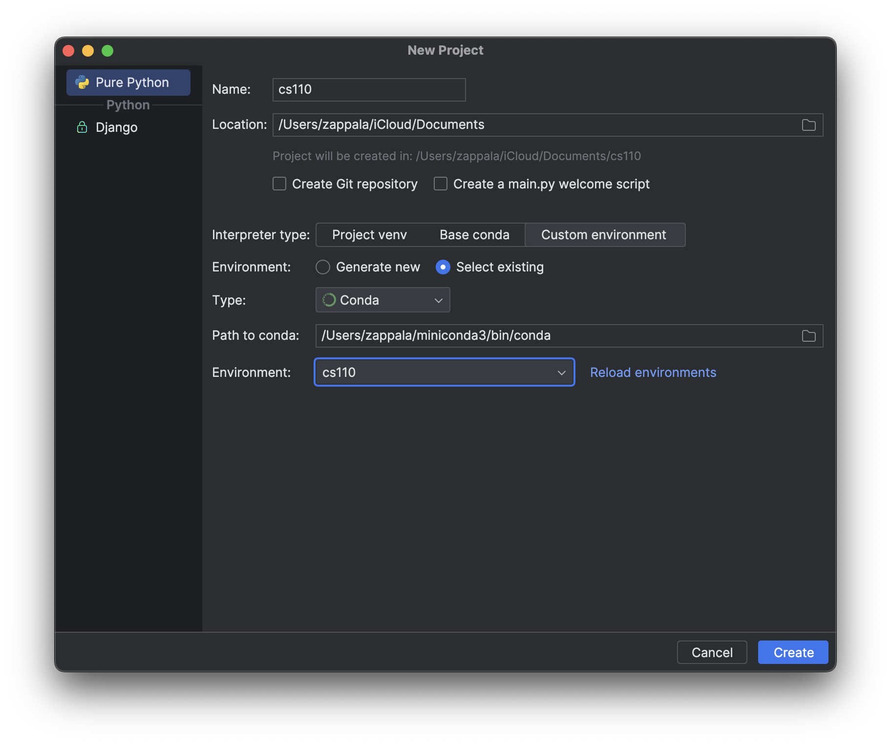 Adding an existing interpreter to PyCharm on Mac