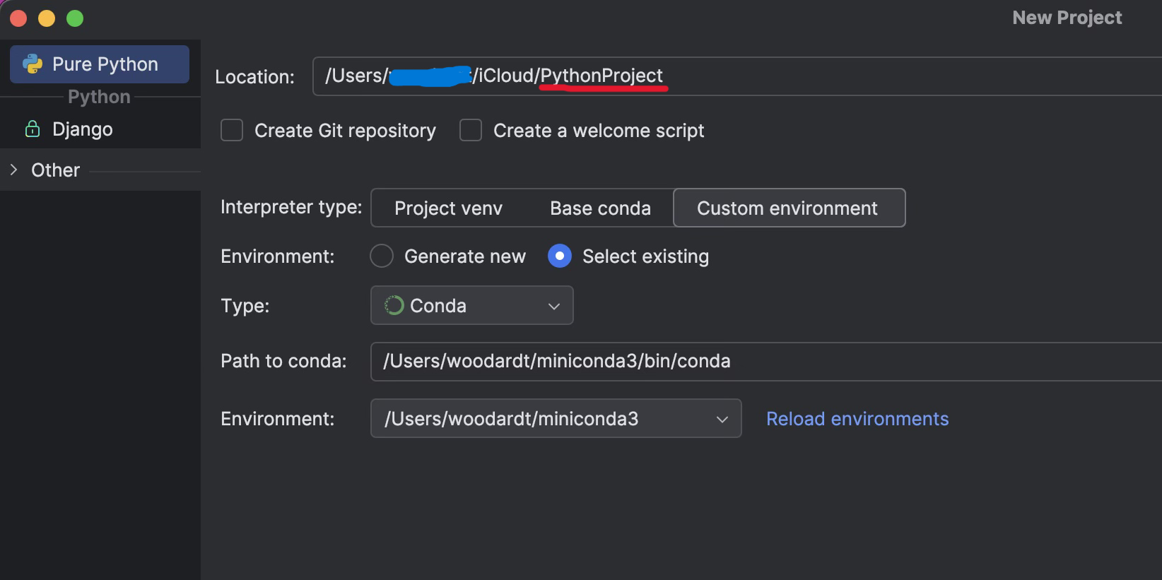 PyCharm create new project screen without name field