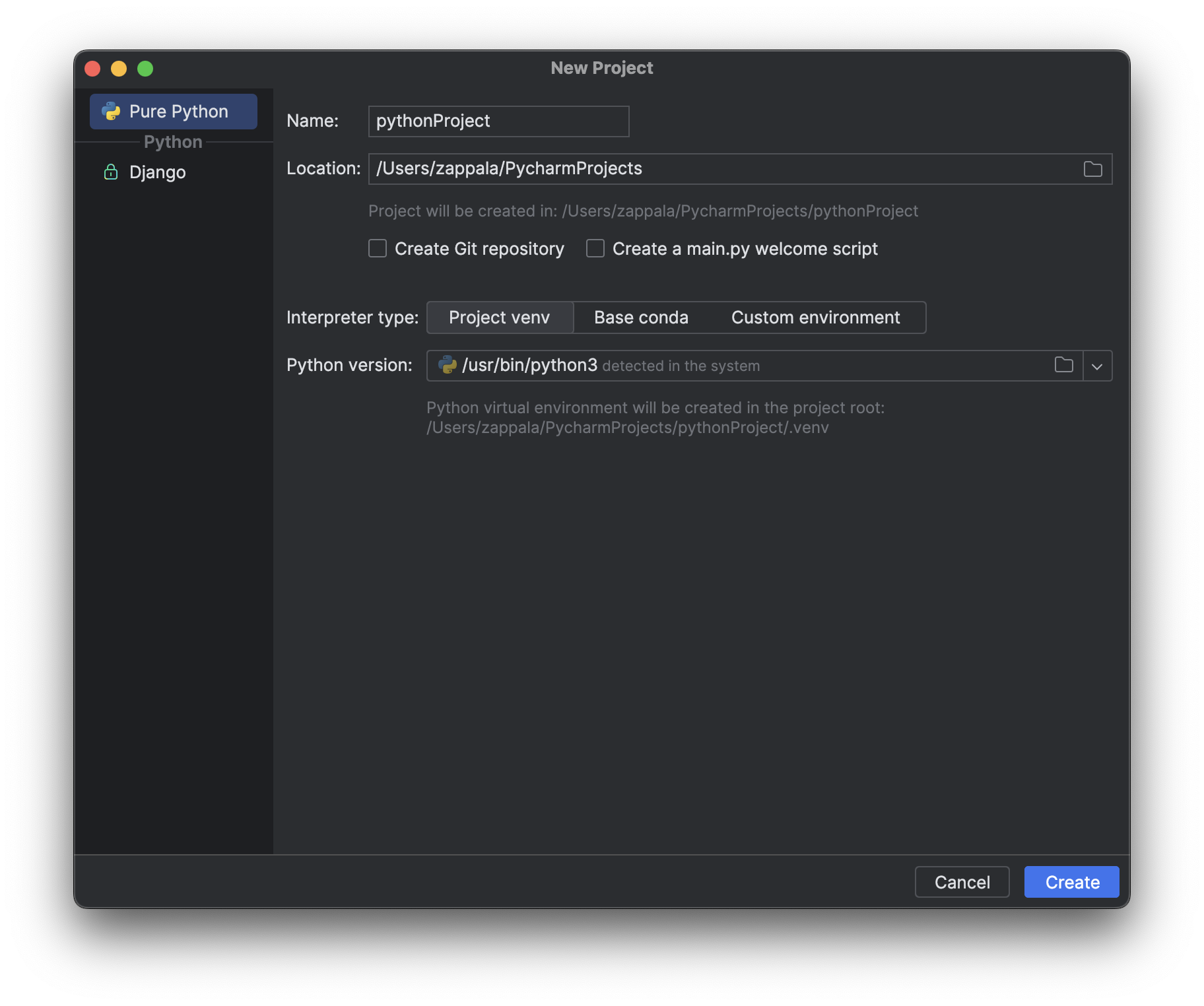 PyCharm create new project screen