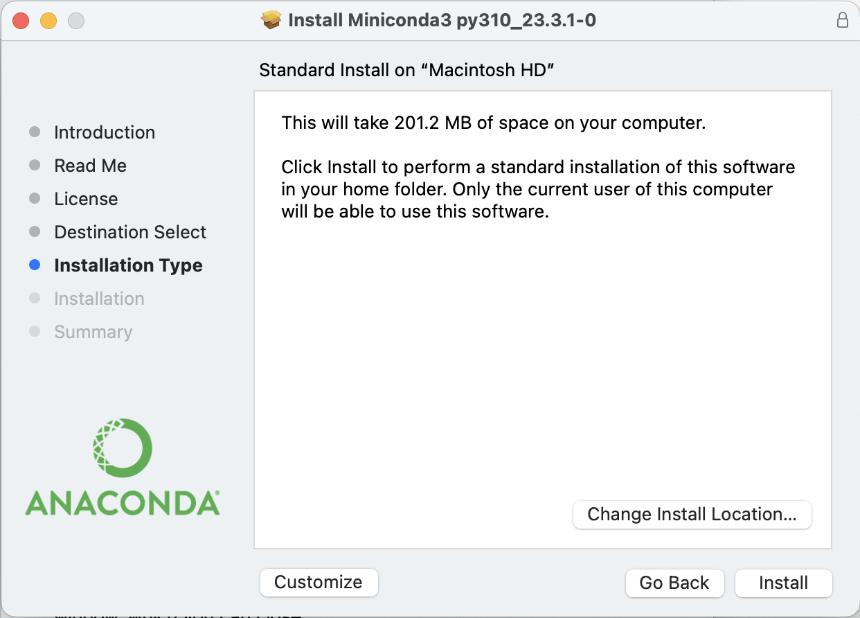 Miniconda installation type screen