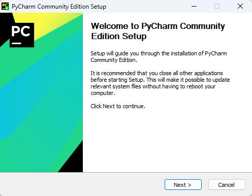 PyCharm installer welcome page