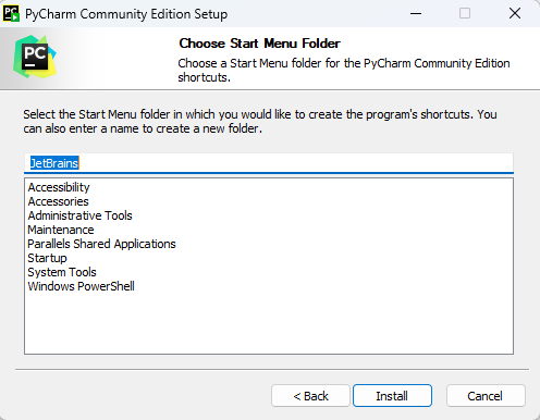 PyCharm installer choose start menu