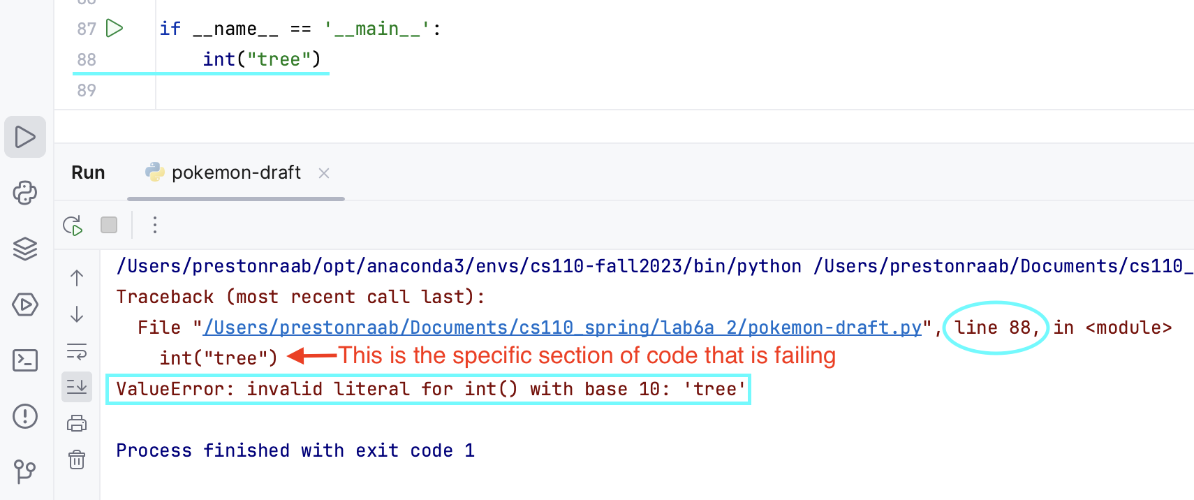 ValueError: invalid literal error, showing line 88, int("tree") code is failing