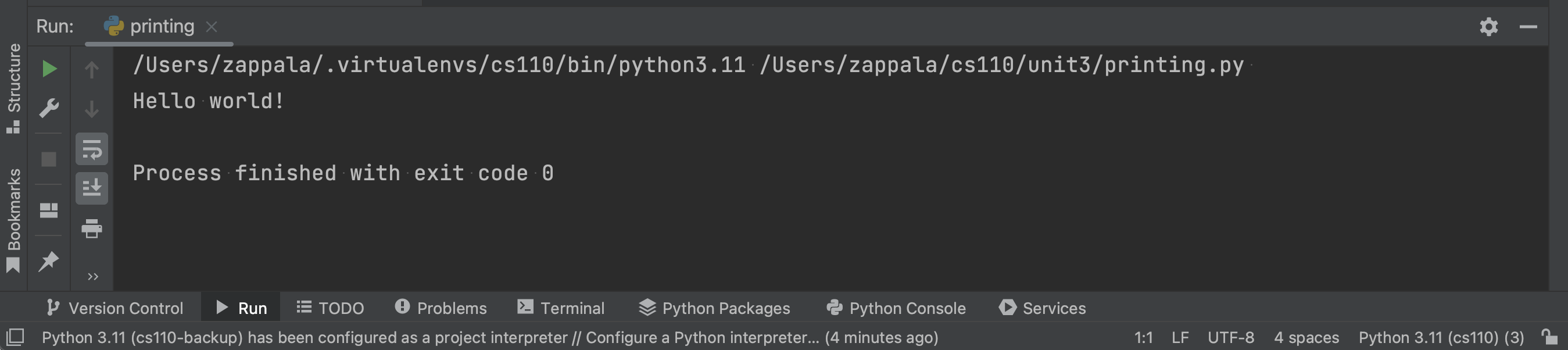 Pycharm window showing 'Hello World!'