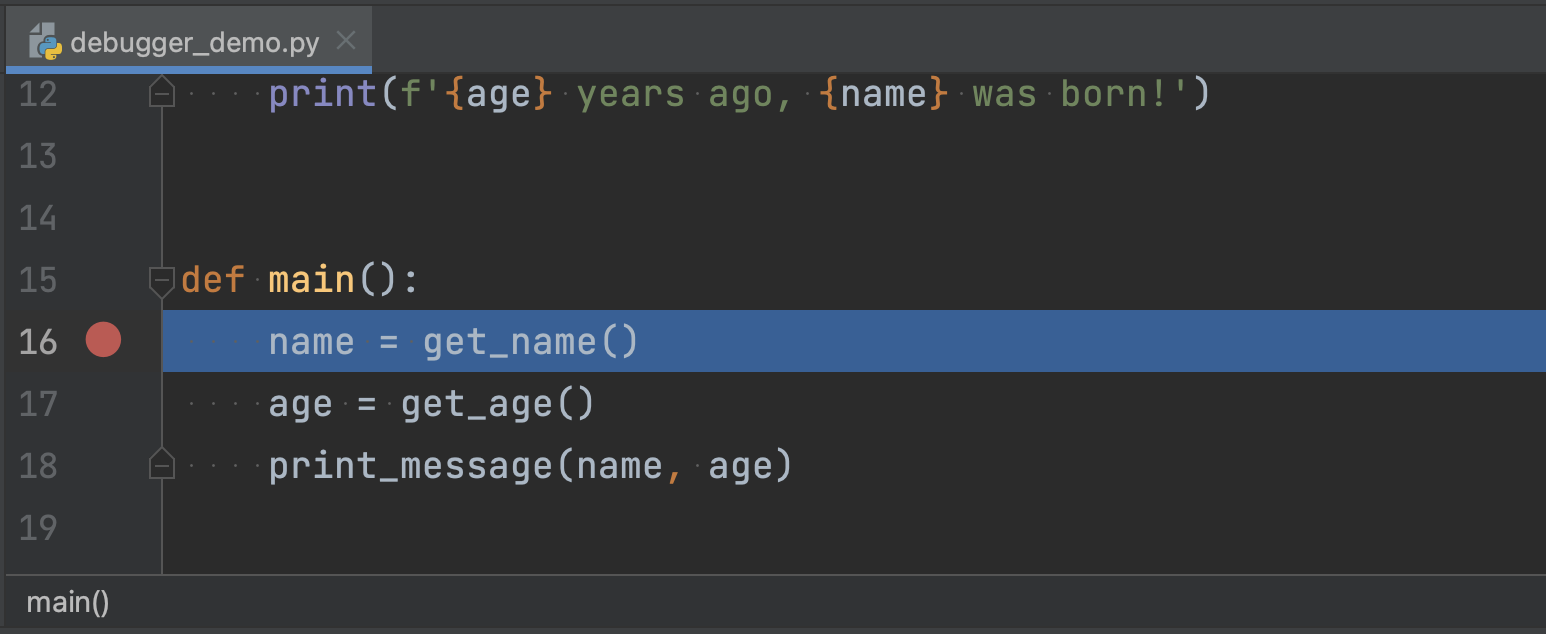 Pycharm main window stopped at line 16, which is highlighted