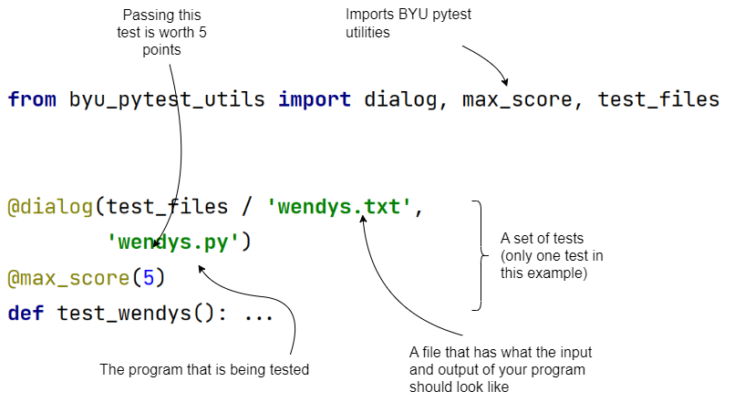 the parts of a test in pytest, including the program being tested, the number of points, and a file with the input/output