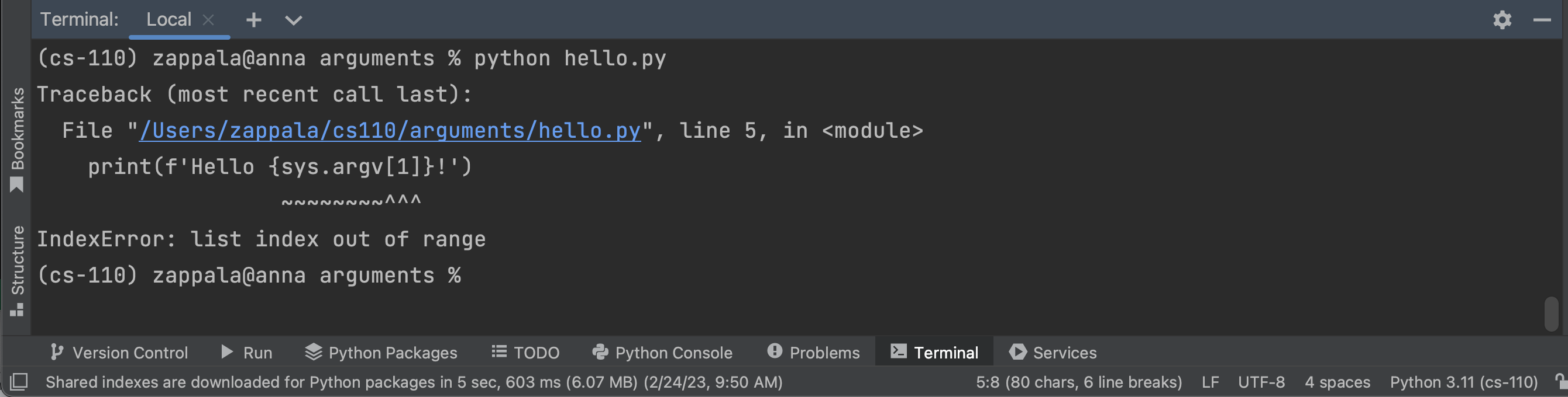 python hello.py causes a list index out of range error