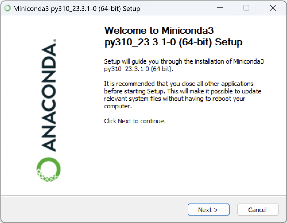 Miniconda installer setup screen