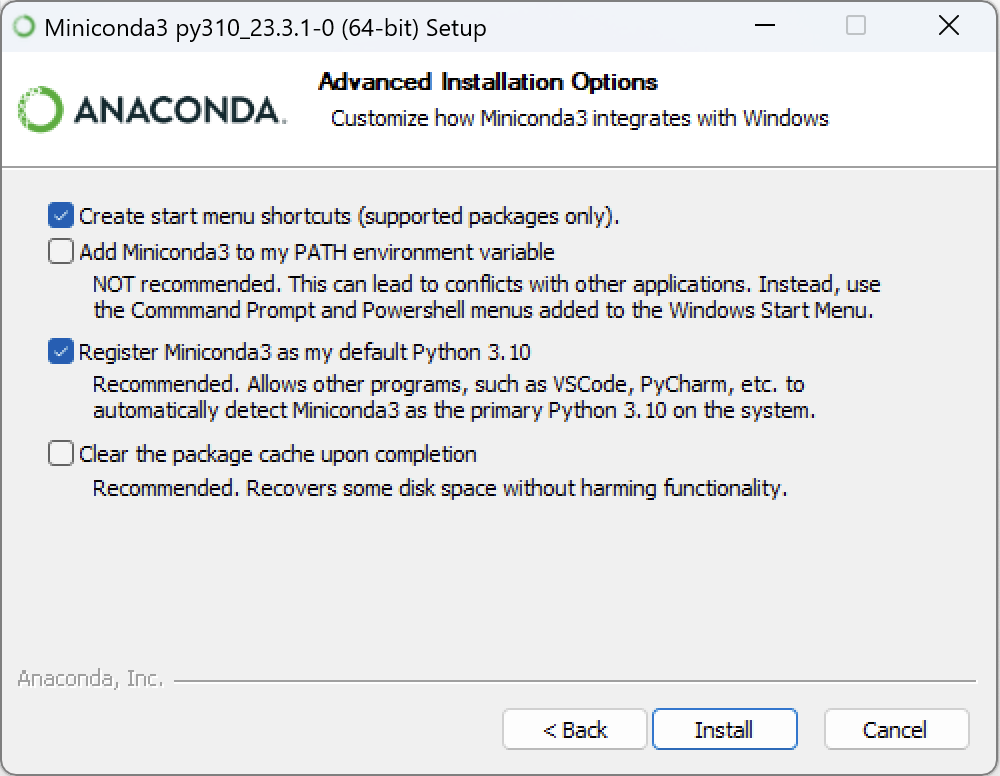 Miniconda installation options