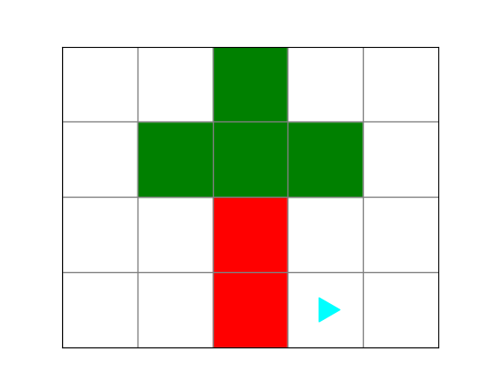 one tree, made with two vertical red squares and 4 green squares on top, bit next to the bottom red square