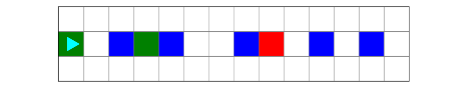 a world with two green squares, one red square, and some blue squares in the middle row