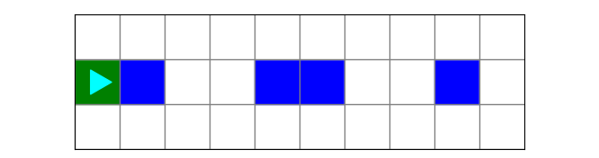 a world with one green square and some blue squares in the middle row