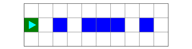 a different world with one green square and some blue squares in the middle row