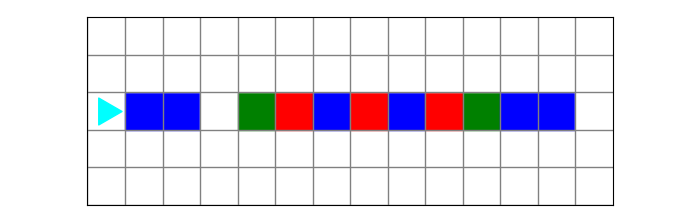 a different world with blue, green, and red squares in the same row as Bit