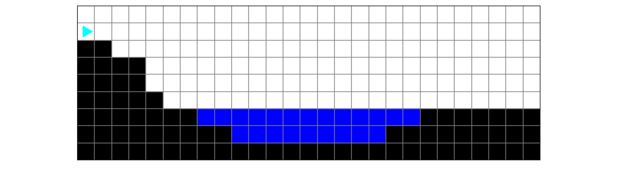 a mountain going down marked by black squares, then a river marked by blue squares, then a flat street marked by a row of black squares