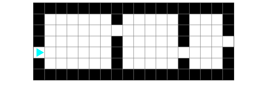 Three rectangular soccer fields, marked by black squares, with an empty square leading to the next field