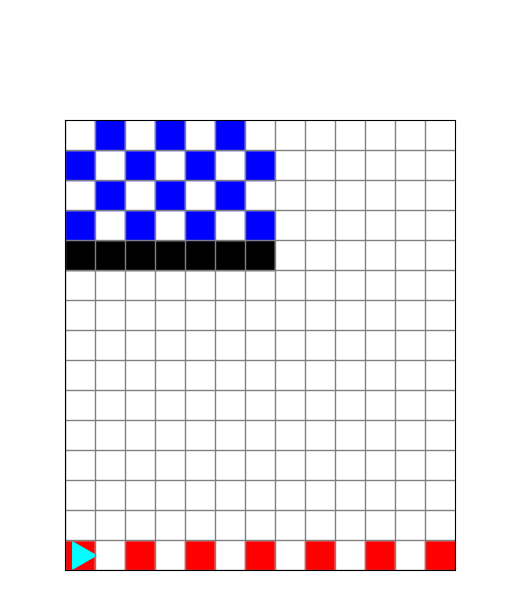 The bottom row has red squares seperated by blank sqaures, and the top left has a black row above which are blue squares