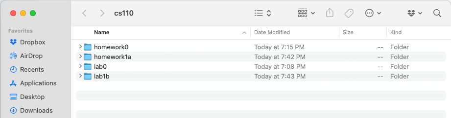 your cs110 folder should have homework0, homework1a, lab0 and lab1b