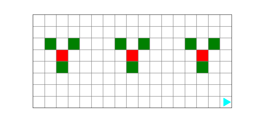 three fireworks, separated by 3 blank squares