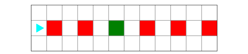 a world with some red squares and a green square, all in the middle row