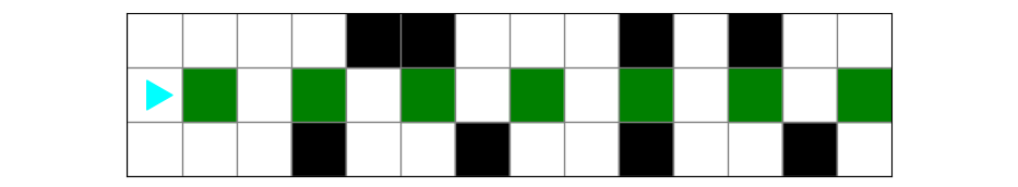 Some green squares in front of bit, some of them next to black squares on the bottom or top