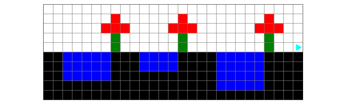 the empty spaces filled with blue squares, and a flower with a green stem and a red flower on the right of each pool