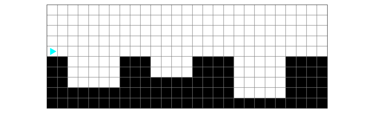 a world with black squares along the bottom, some higher and some lower, the lower squares are empty pools