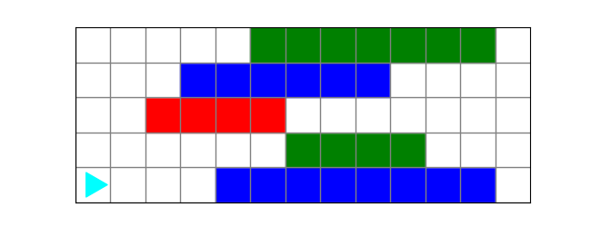 Finishing world for the lines problem, a large world with several colored sections of rows