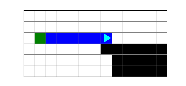 starting world showing bit on the cliff, the first square where he was is green and his path is blue