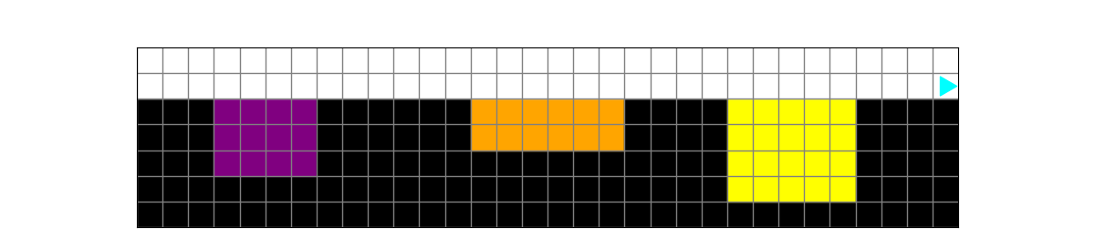 Bit is at the end of a path, with pools all filled with the color of the gems