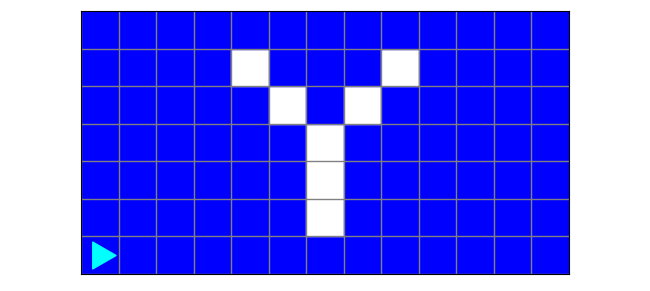 a large block Y in white, every other square is blue, with bit in the bottom left corner